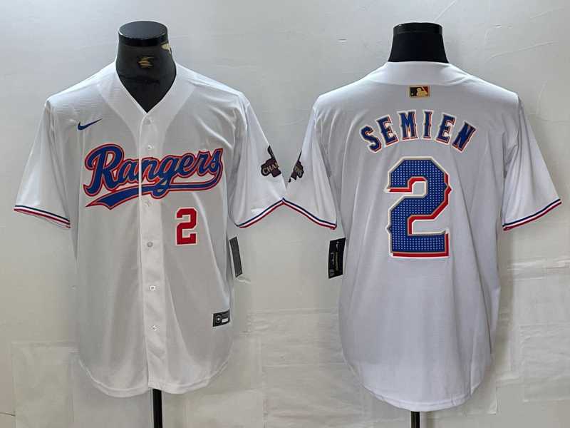 Men%27s Texas Rangers #2 Marcus Semien Number White 2023 World Series Champions Cool Base Jerseys
